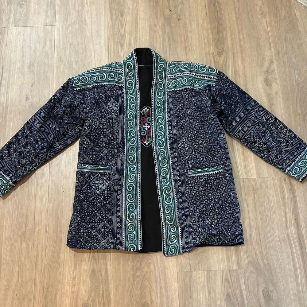 Vtg Thai Hmong Tribal Reversible Coat Jacket Sz. L Cotton Handwoven Cross Stitch